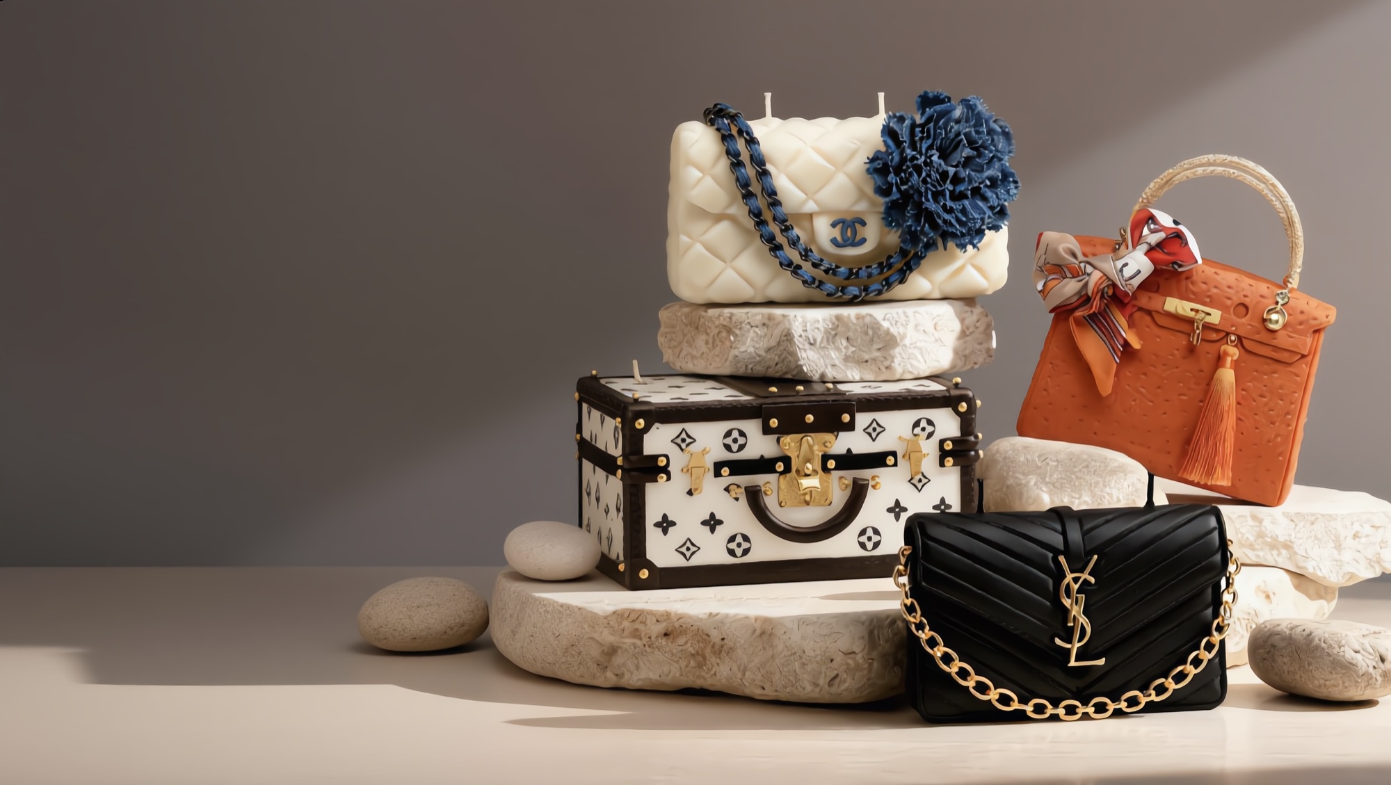 AromaLisa couture candles shaped like a quilted flap bag, a monogram trunk, an ostrich Birkin and a chain wallet, staged on natural stone podiums